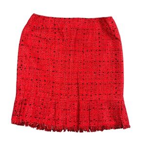 Worthington Red Tweed Pencil Skirt Size 12 Fringe Hem Quiet Luxury Workwear Chic